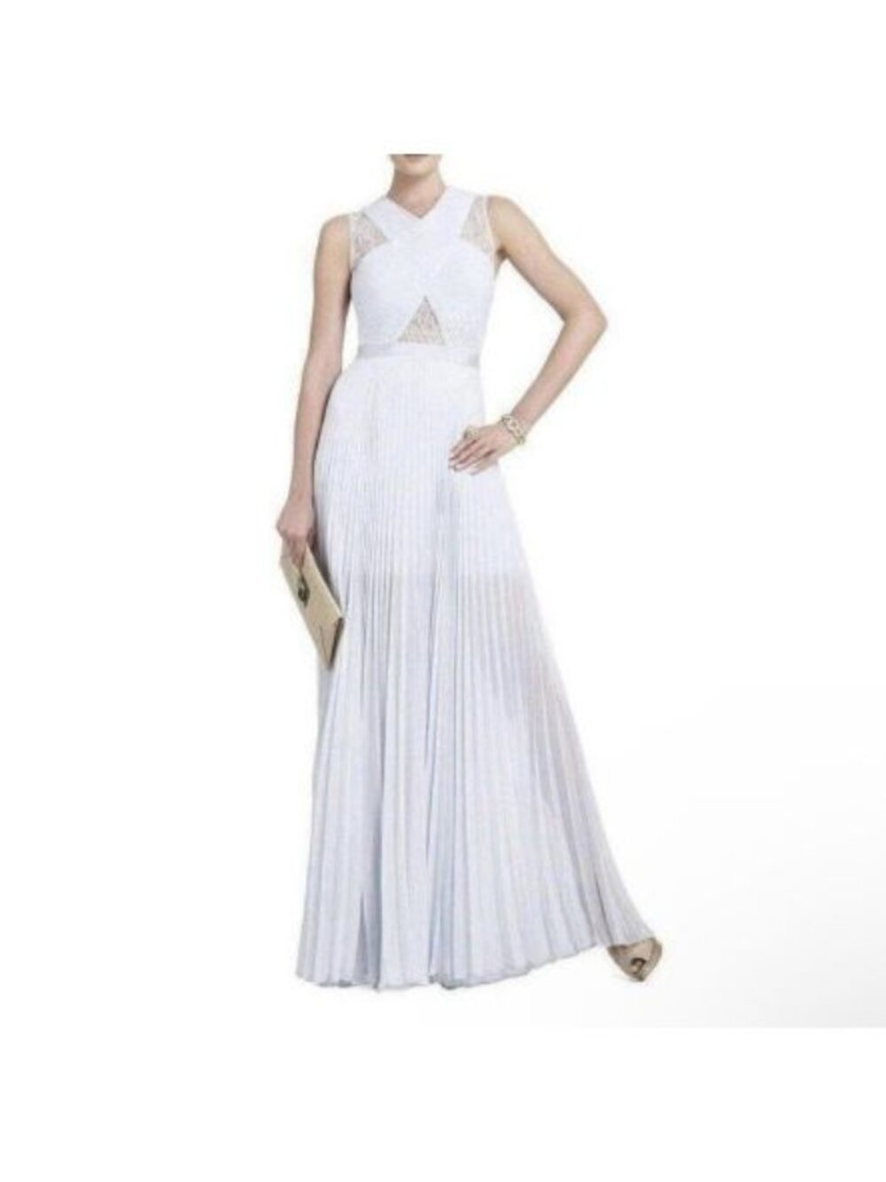 BCBGMAXAZRIA Caia Pleated Gown Sz 6 Crystal Blue Accordian Lace Back Maxi Lined